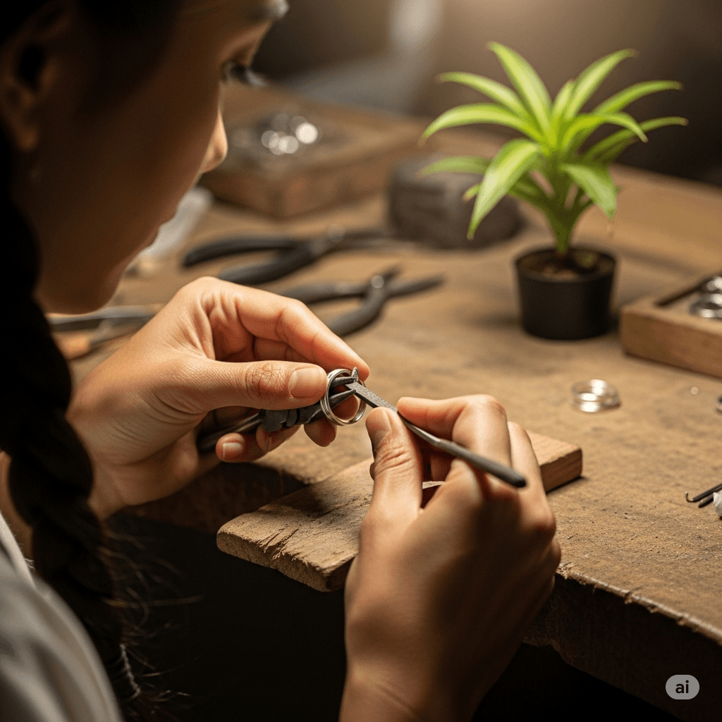 A close-up of a person's hands focused on crafting a silver ring during a silver class in Canggu, capturing the authentic and mindful experience of a Bali jewelry making workshop.