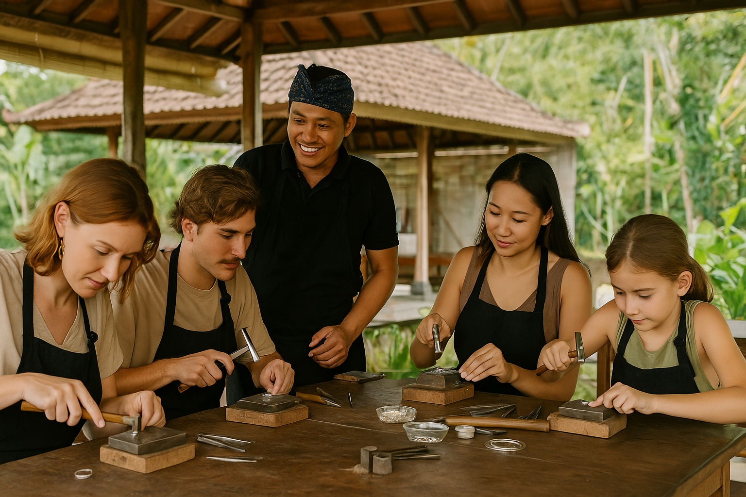 Participants learning silver jewelry making in a Balinese workshop guided by a local artisan.